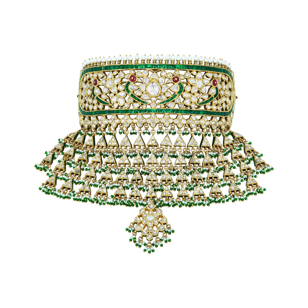 Traditional Polki Choker Aad with Emerald Accents and Pearl Fringe